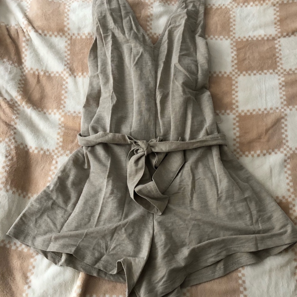 Zara Taupe V-Neck Linen Blend Romper with Tie Waist